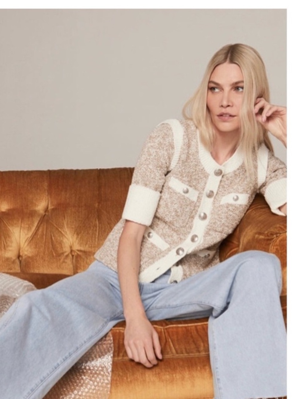 Veronica Beard Kaufman Knit Jacket in Ivory Brown Size Medium
